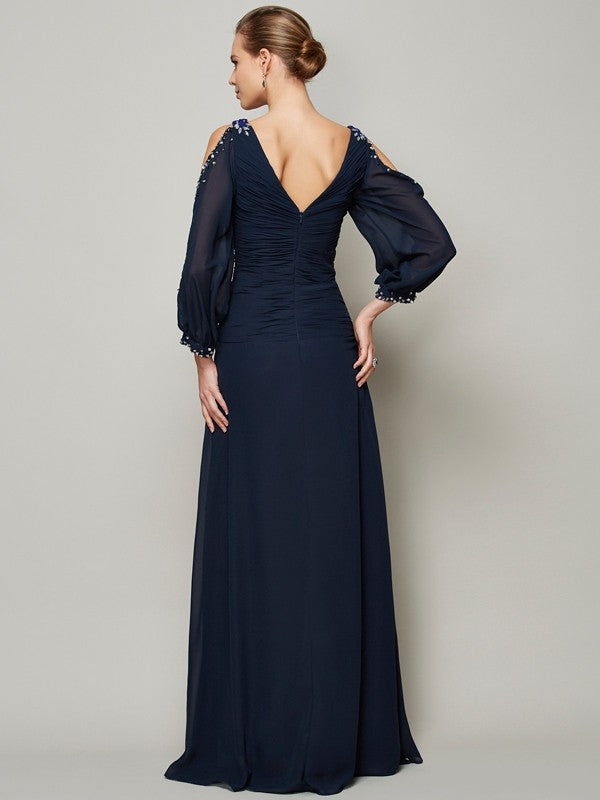 Gorgeous V-neck Long Sleeves Beading Long Evening Dress Chiffon-ballbellauk