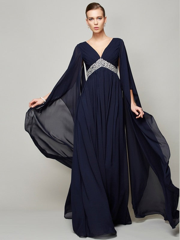 Gorgeous V-neck Long Sleeves Beading Long Evening Dress Chiffon-ballbellauk