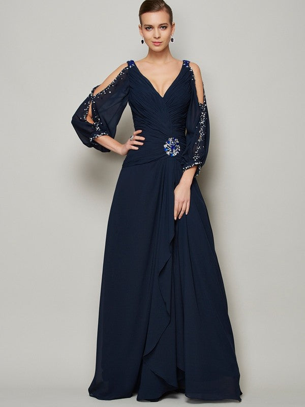 Gorgeous V-neck Long Sleeves Beading Long Evening Dress Chiffon-ballbellauk