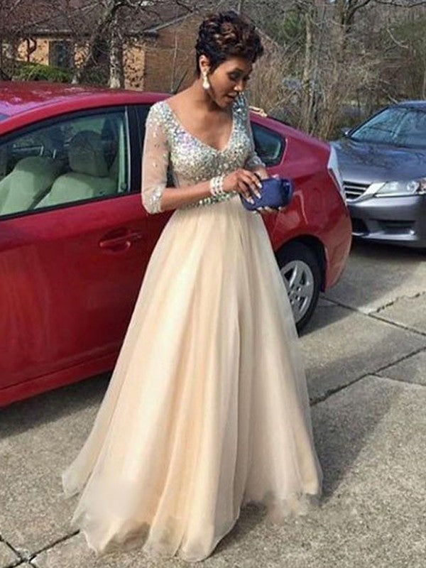 Gorgeous V-Neck Long Sleeves Beading Long Tulle Prom Dress-ballbellauk