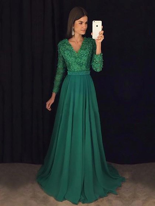 Gorgeous V-Neck Long Sleeves Lace Evening Dress Chiffon-ballbellauk