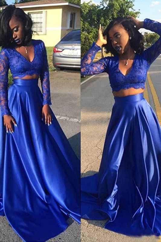 Gorgeous V-neck Long Sleeves Lace Satin Two Piece Prom Dress-ballbellauk