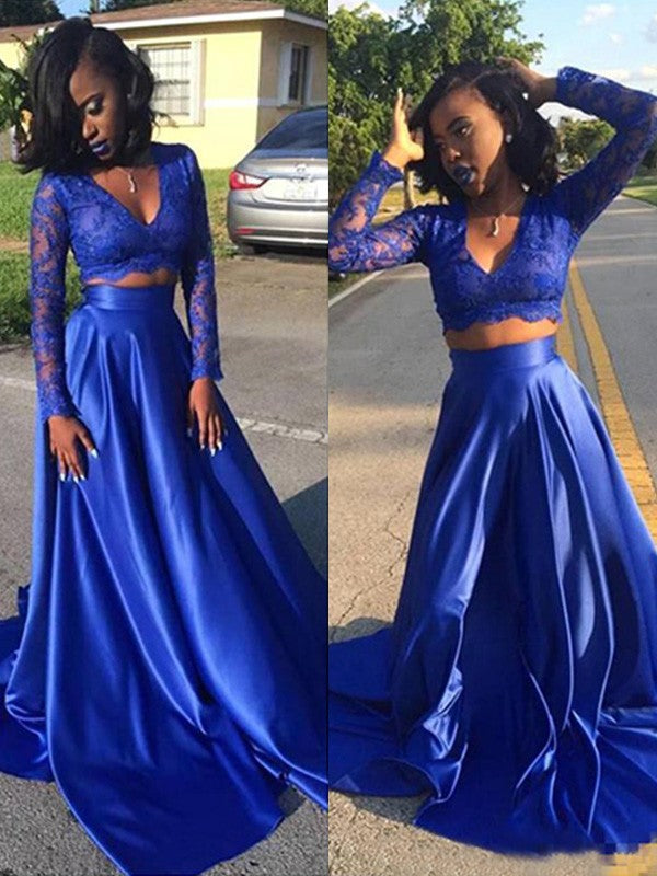 Gorgeous V-neck Long Sleeves Lace Satin Two Piece Prom Dress-ballbellauk