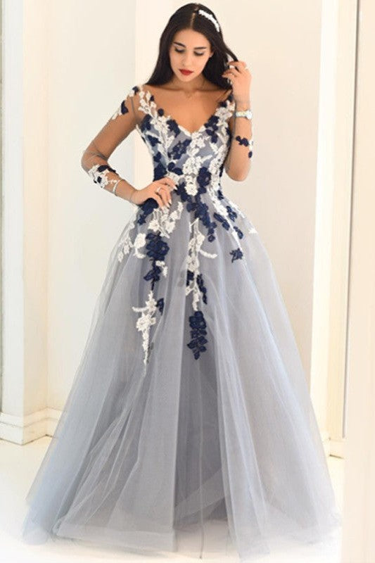 Gorgeous V-Neck Long Sleeves With Appliques Tulle Long Prom Dress-ballbellauk