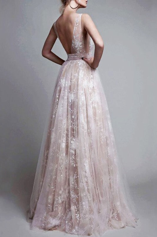 Gorgeous V-neck Long Tulle Sleeveless With Appliques Prom Dress-ballbellauk