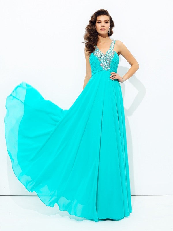 Gorgeous V-neck Paillette Sleeveless Long Evening Dress Chiffon-ballbellauk