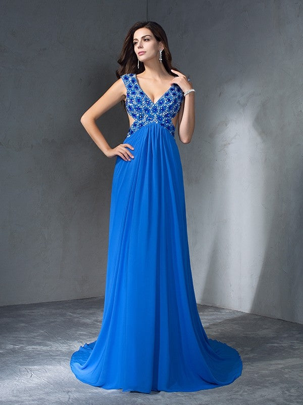 Gorgeous V-neck Sequin Sleeveless Long Evening Dress Chiffon-ballbellauk