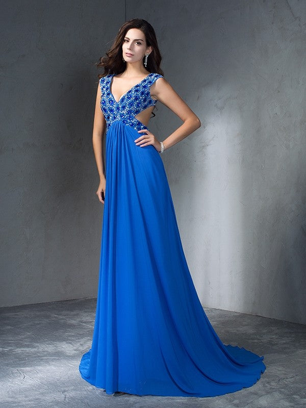 Gorgeous V-neck Sequin Sleeveless Long Evening Dress Chiffon-ballbellauk