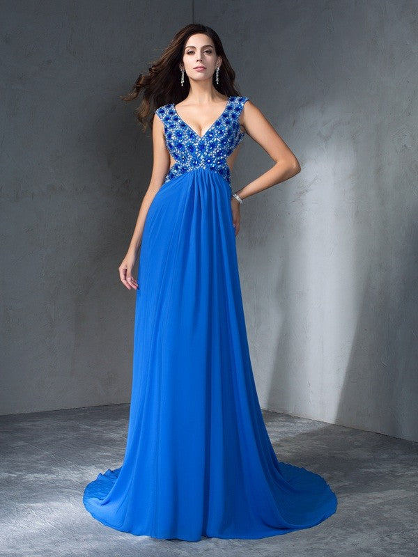 Gorgeous V-neck Sequin Sleeveless Long Evening Dress Chiffon-ballbellauk