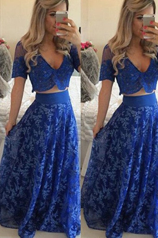 Gorgeous V-neck Short Sleeves Long Lace Two Piece Prom Dress-ballbellauk