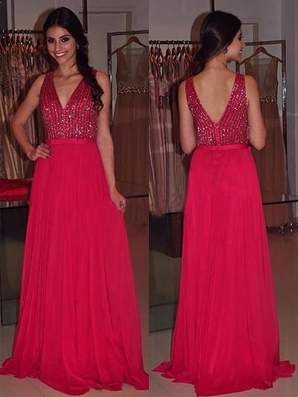 Gorgeous V-neck Sleeveless Beading Evening Dress Chiffon-ballbellauk