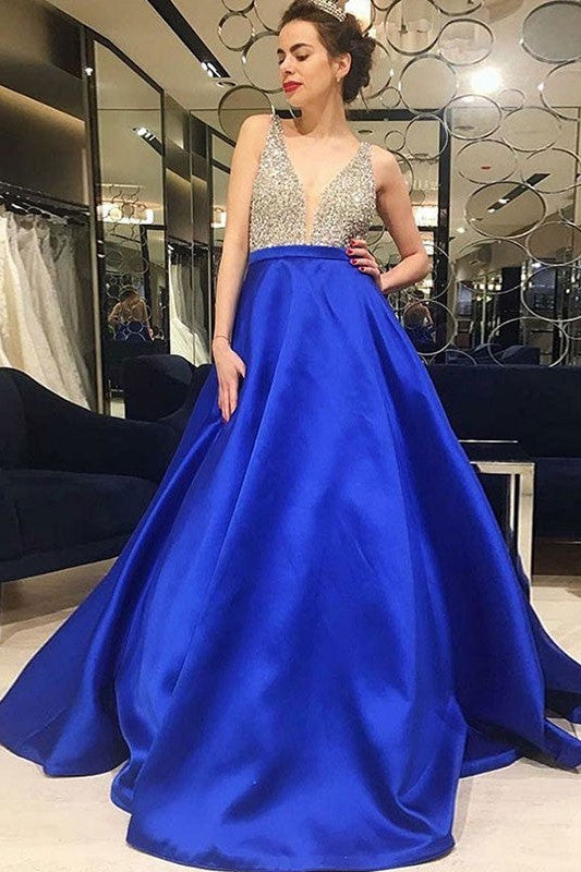 Gorgeous V-neck Sleeveless Beading Prom Dress with Satin-ballbellauk