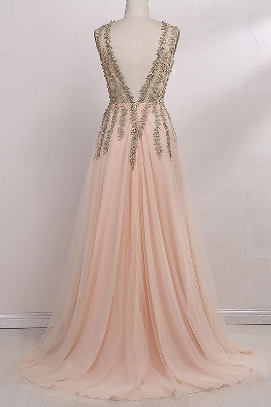 Gorgeous V-Neck Sleeveless Beading Tulle Prom Dress-ballbellauk