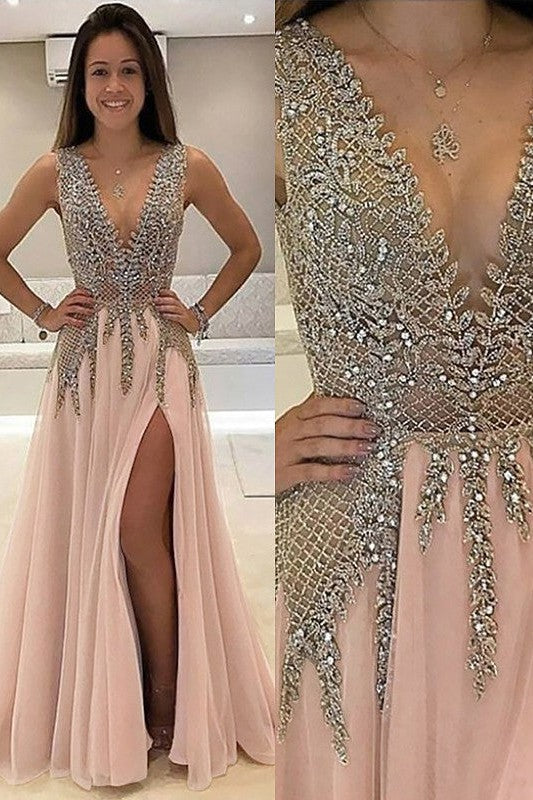 Gorgeous V-Neck Sleeveless Beading Tulle Prom Dress-ballbellauk