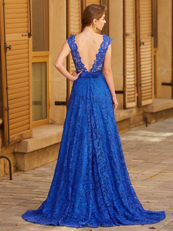 Gorgeous V-neck Sleeveless Bowknot Lace Prom Dress-ballbellauk