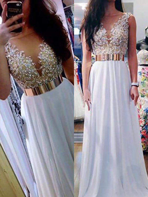 Gorgeous V-neck Sleeveless Long Beading Evening Dress Chiffon-ballbellauk