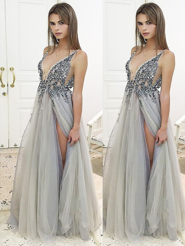 Gorgeous V-Neck Sleeveless Long Beading Tulle Prom Dress-ballbellauk