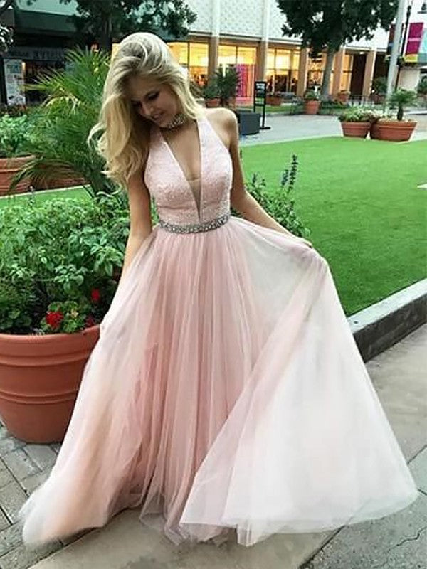 Gorgeous V-neck Sleeveless Long Beading Tulle Prom Dress-ballbellauk