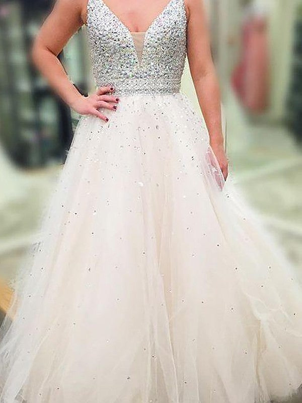 Gorgeous V-neck Sleeveless Long Beading Tulle Prom Dress-ballbellauk