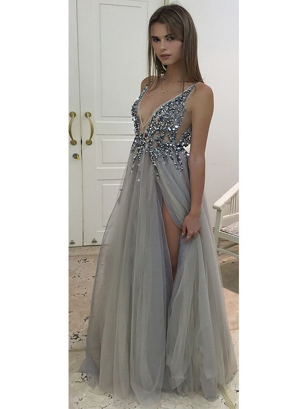 Gorgeous V-Neck Sleeveless Long Beading Tulle Prom Dress-ballbellauk