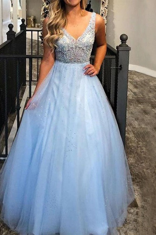 Gorgeous V-neck Sleeveless Long Beading Tulle Prom Dress-ballbellauk