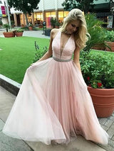 Gorgeous V-neck Sleeveless Long Beading Tulle Prom Dress-ballbellauk