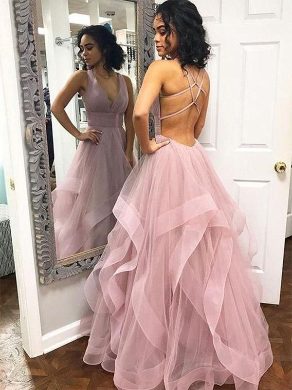 Gorgeous V-neck Sleeveless Long Ruffles Tulle Prom Dress-ballbellauk