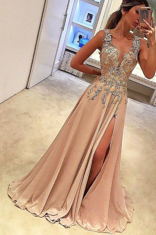 Gorgeous V-neck Sleeveless Long With Appliques Evening Dress Chiffon-ballbellauk