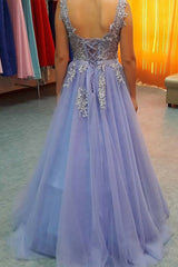 Gorgeous V-neck Sleeveless Long With Appliques Tulle Prom Dress-ballbellauk