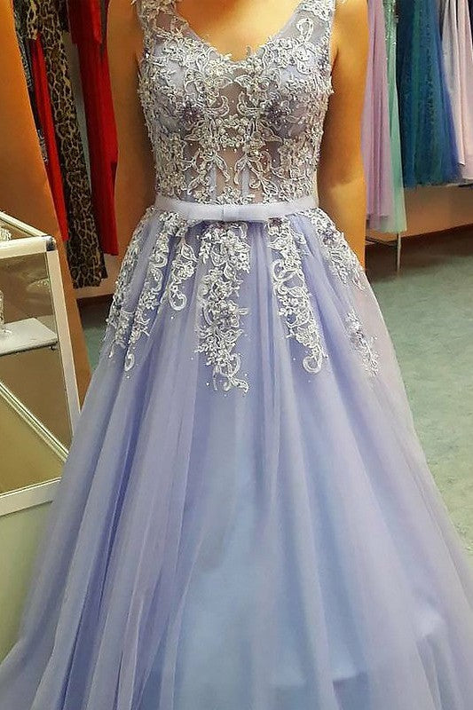 Gorgeous V-neck Sleeveless Long With Appliques Tulle Prom Dress-ballbellauk