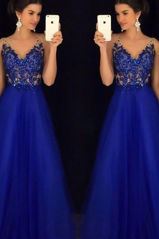 Gorgeous V-neck Sleeveless Long With Appliques Tulle Prom Dress-ballbellauk