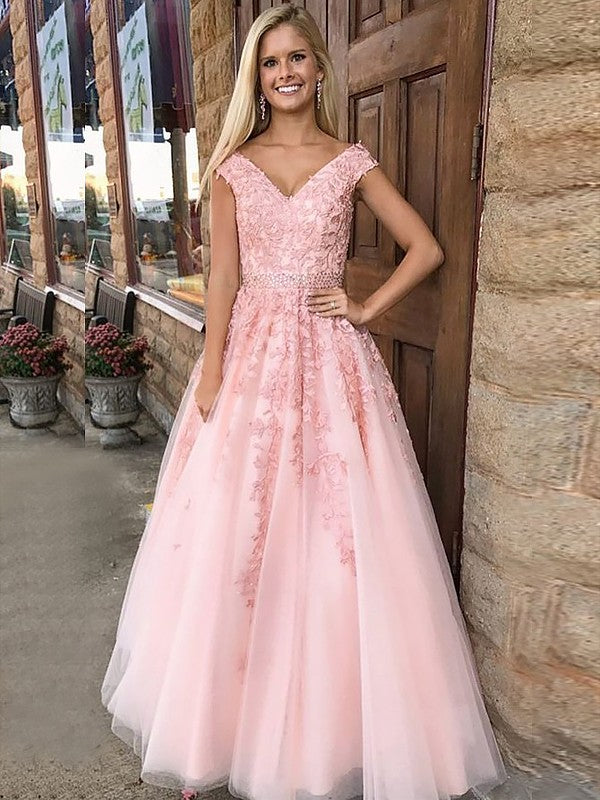 Gorgeous V-Neck Sleeveless Long With Appliques Tulle Prom Dress-ballbellauk