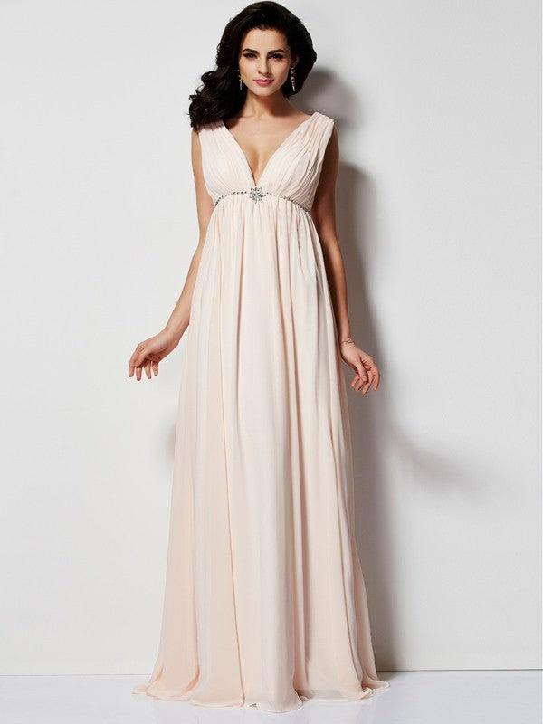 Gorgeous V-neck Sleeveless Pleats Long Evening Dress Chiffon-ballbellauk