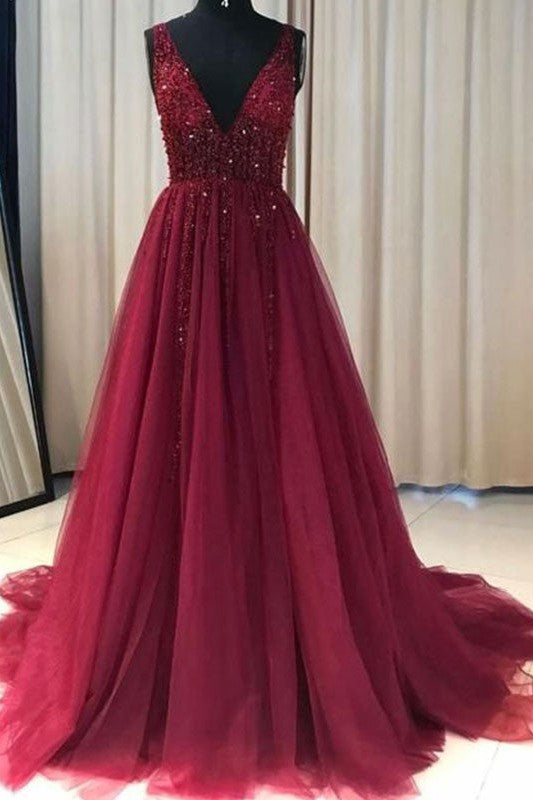 Gorgeous V-neck Sleeveless Ruffles Tulle Prom Dress online-ballbellauk