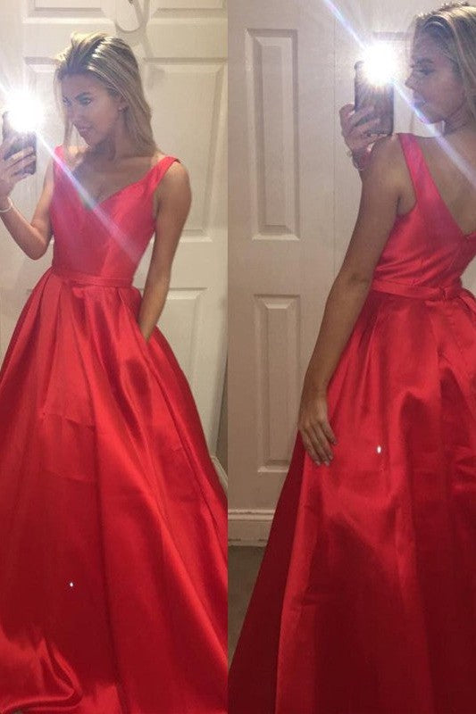 Gorgeous V-Neck Sleeveless Satin Prom Dress-ballbellauk