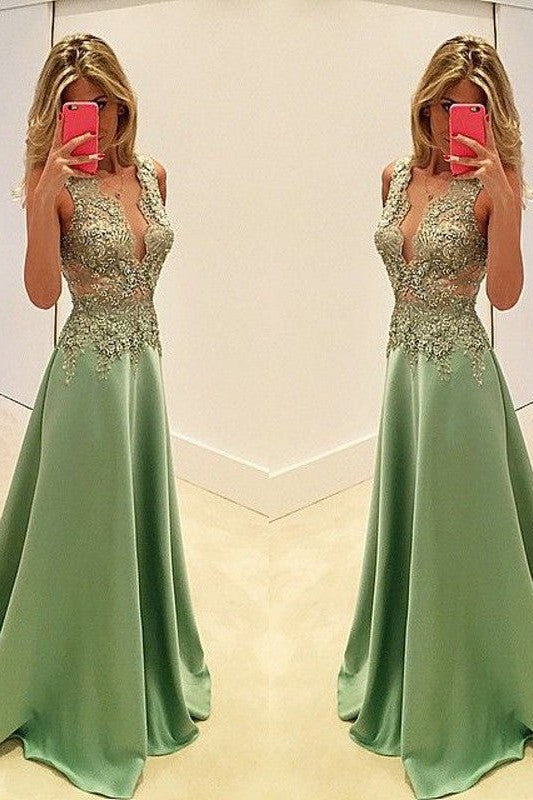 Gorgeous V-neck Sleeveless Satin With Appliques Prom Dress-ballbellauk