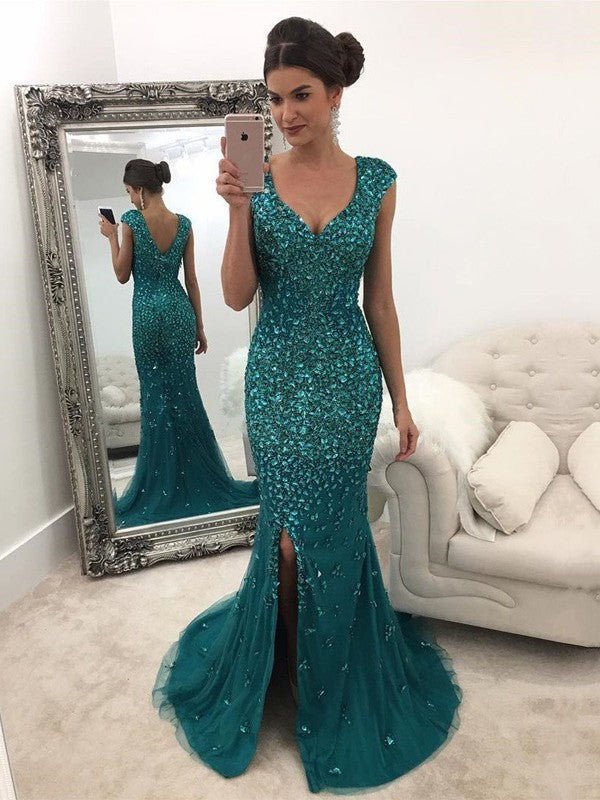 Gorgeous V-Neck Sleeveless Sequin Tulle Prom Dress-ballbellauk