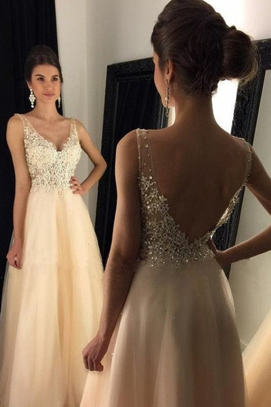 Gorgeous V-Neck Sleeveless Tulle Prom Dress-ballbellauk