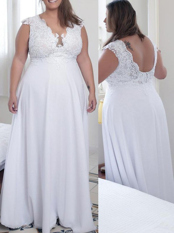 Gorgeous V-neck Sleeveless With Appliques Long Chiffon Plus Size Prom Dress-ballbellauk