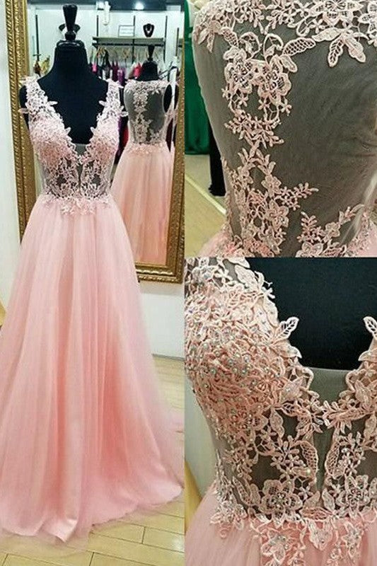 Gorgeous V-neck Sleeveless With Appliques Long Tulle Prom Dress-ballbellauk