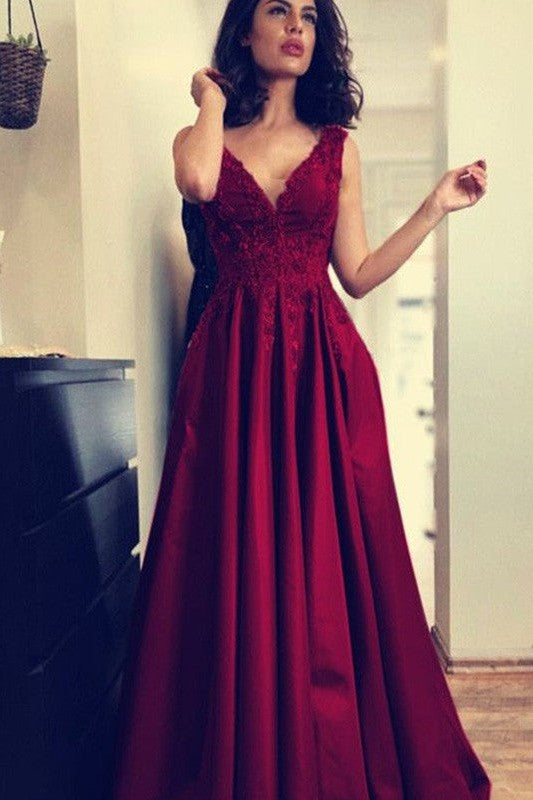 Gorgeous V-neck Sleeveless With Appliques Prom Dress Long Online-ballbellauk