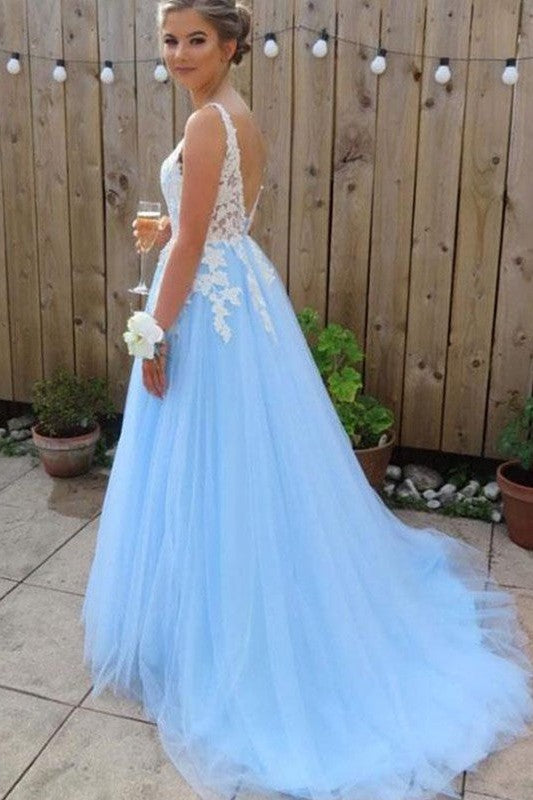 Gorgeous V-neck Sleeveless With Appliques Tulle Prom Dress online-ballbellauk