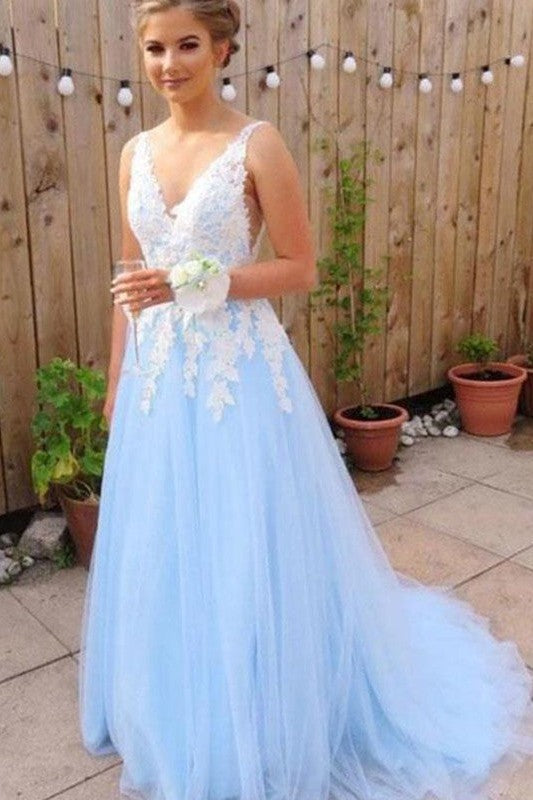 Gorgeous V-neck Sleeveless With Appliques Tulle Prom Dress online-ballbellauk