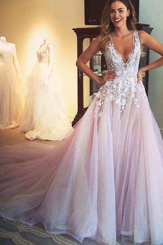 Gorgeous V-neck Tulle Sleeveless With Appliques Prom Dress-ballbellauk