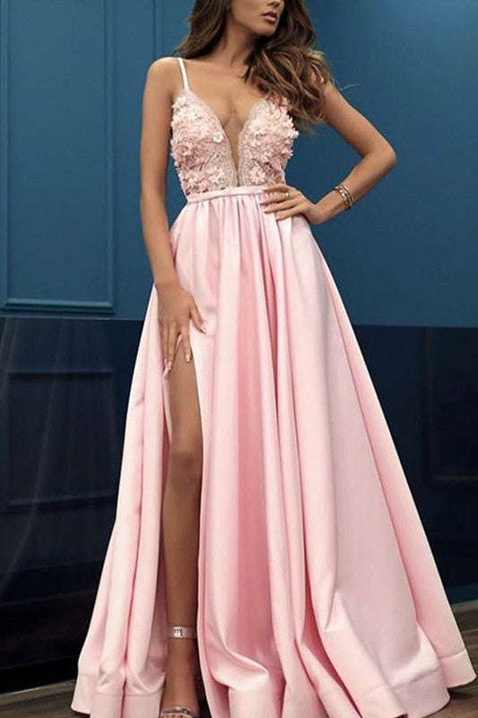 Gorgeous V-neck With Appliques Satin Sleeveless Long Prom Dress-ballbellauk