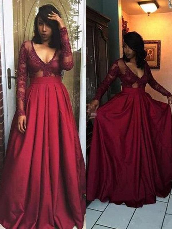 Gorgeous With Appliques V-neck Long Sleeves Long Prom Dress with Satin-ballbellauk