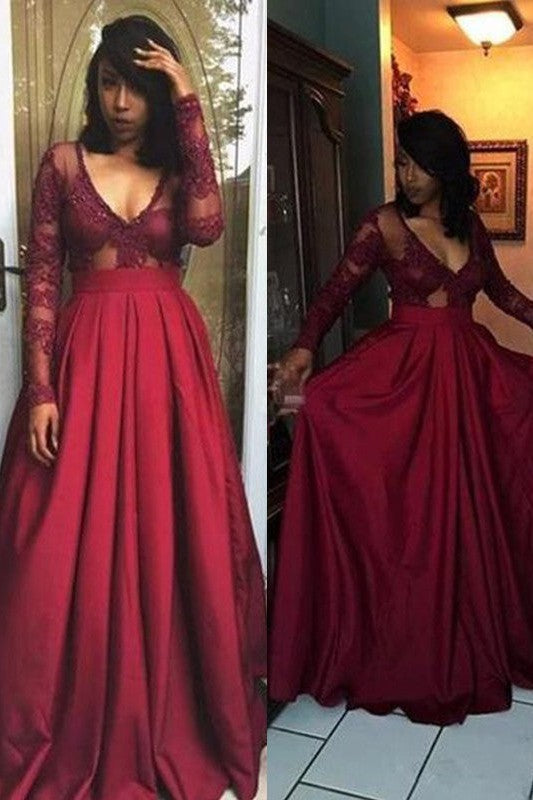 Gorgeous With Appliques V-neck Long Sleeves Long Prom Dress with Satin-ballbellauk