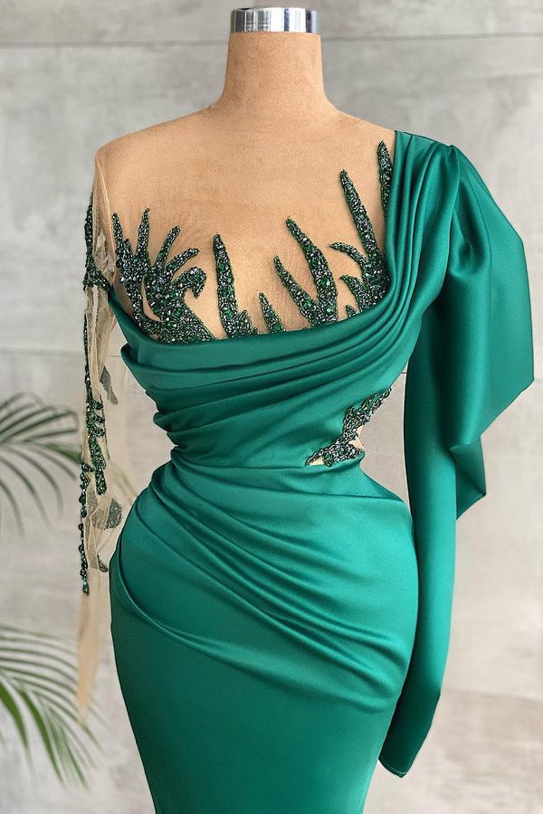 Green Long Sleeves Prom Dress UK With Mermaid Appliques-ballbellauk