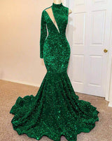 Green Mermaid High Neck Long Sleeved Prom Dress UK with Sequins-ballbellauk