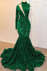 Green Mermaid High Neck Long Sleeved Prom Dress UK with Sequins-ballbellauk